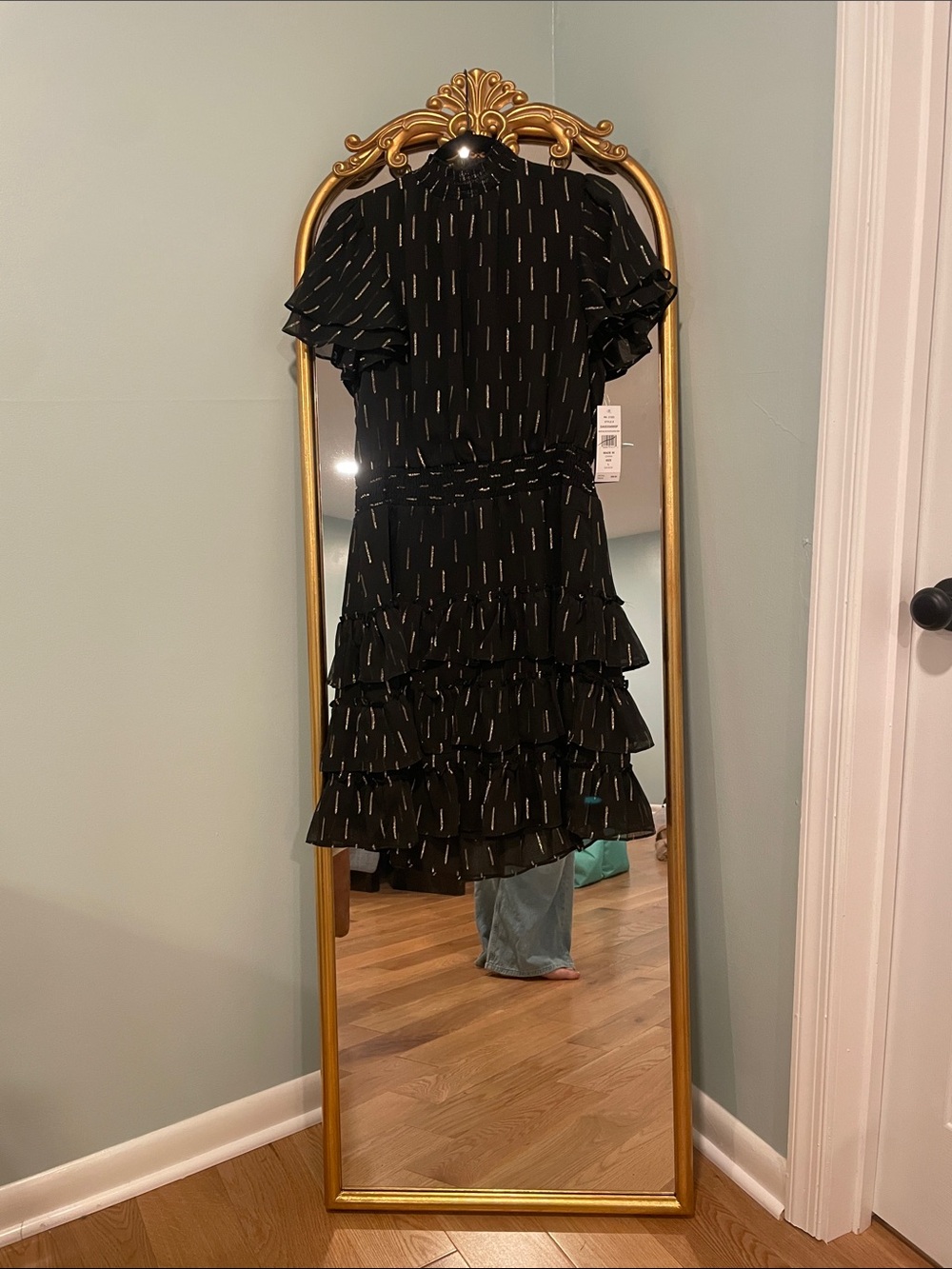 Metallic-Accent Black Tiered Ruffle Mini Dress
